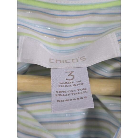 Chico's Size 3 Women's Green Metallic Striped Button Up Shirt Size XL No- Iron - Picture 6 of 7